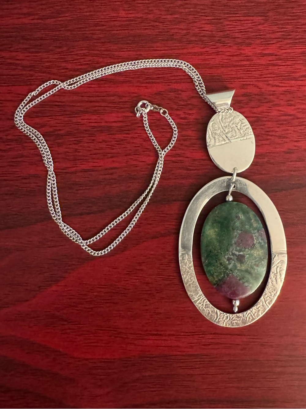 Vintage Taxco Mexico 925 Sterling Silver Ruby In Zoisite Pendant with Chain
